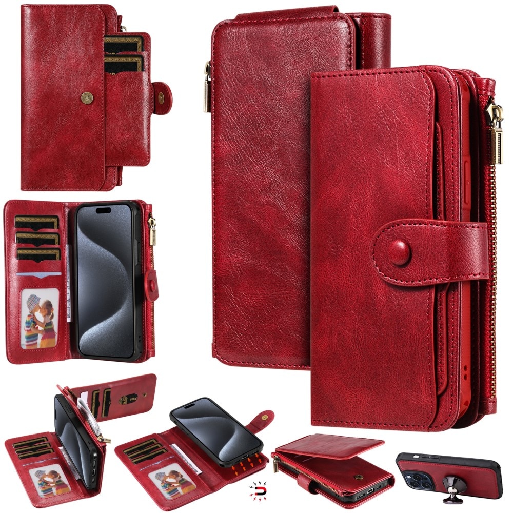 Magnet Leather Multi Wallet iPhone 15 Pro rosso