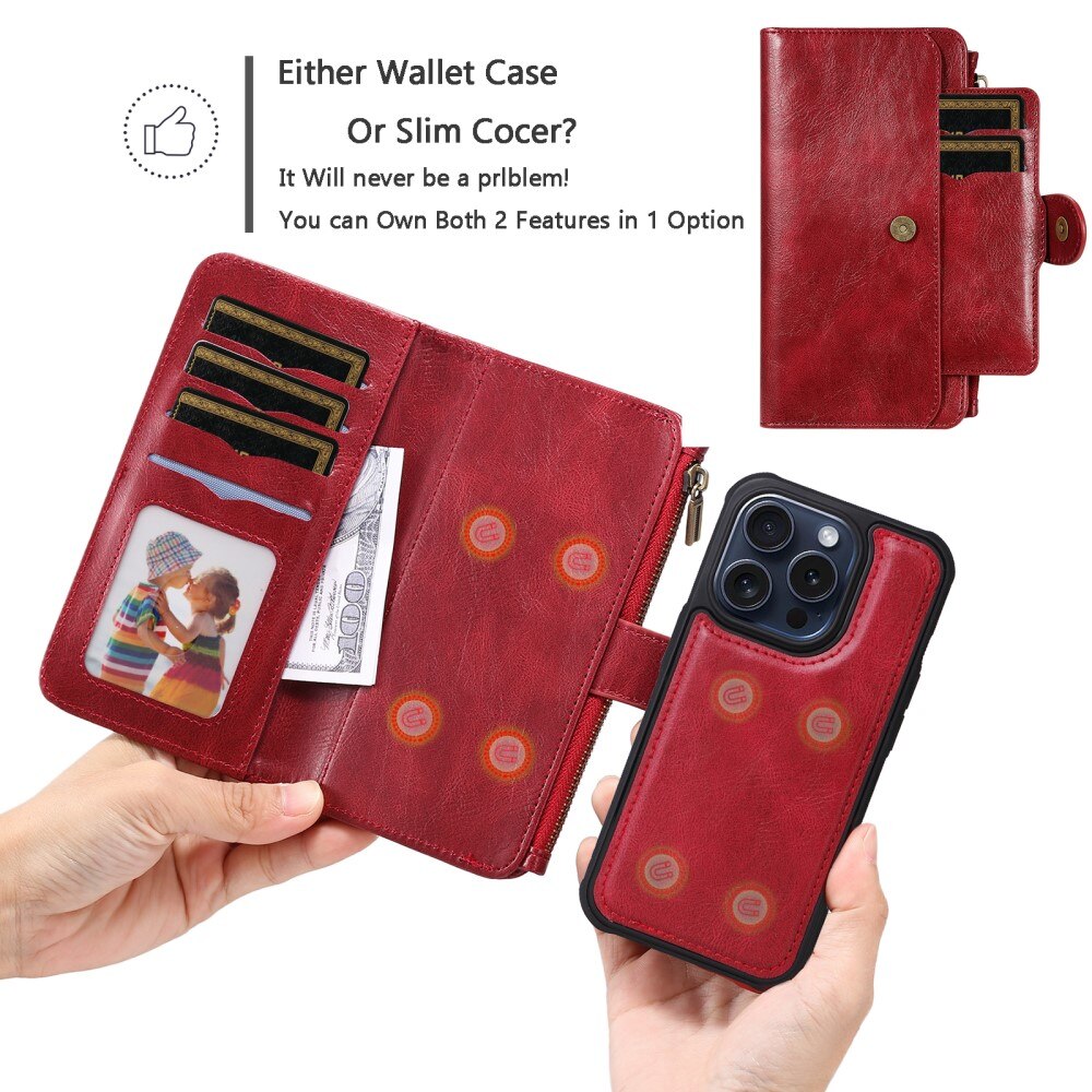 Magnet Leather Multi Wallet iPhone 15 Pro rosso