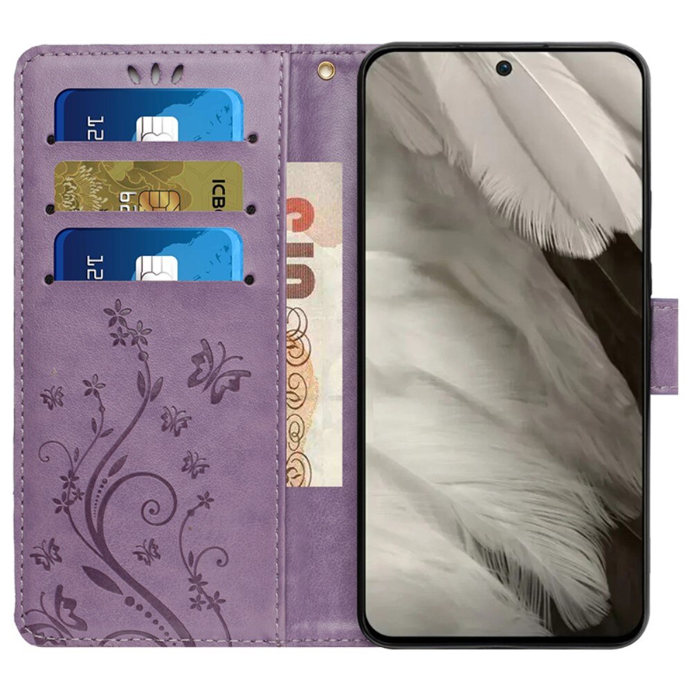 Custodia in pelle a farfalle per Google Pixel 8, Viola