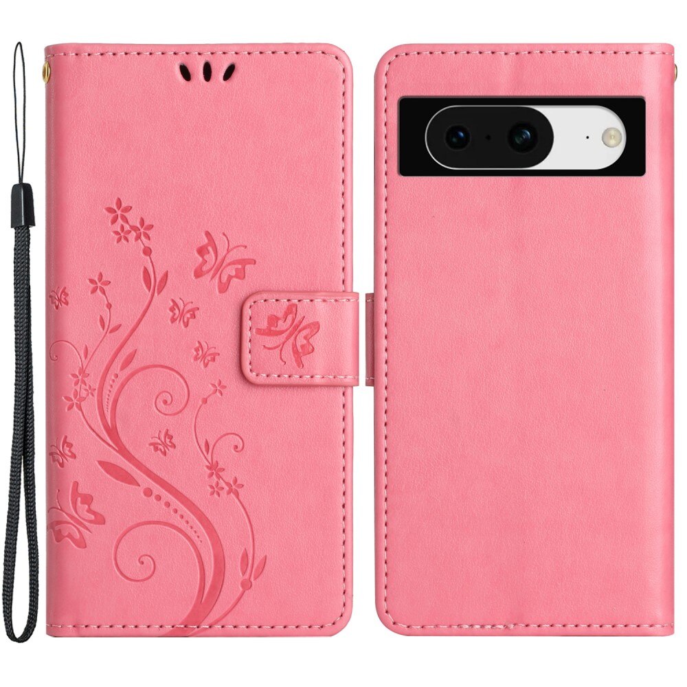Custodia in pelle a farfalle per Google Pixel 8, Rosa