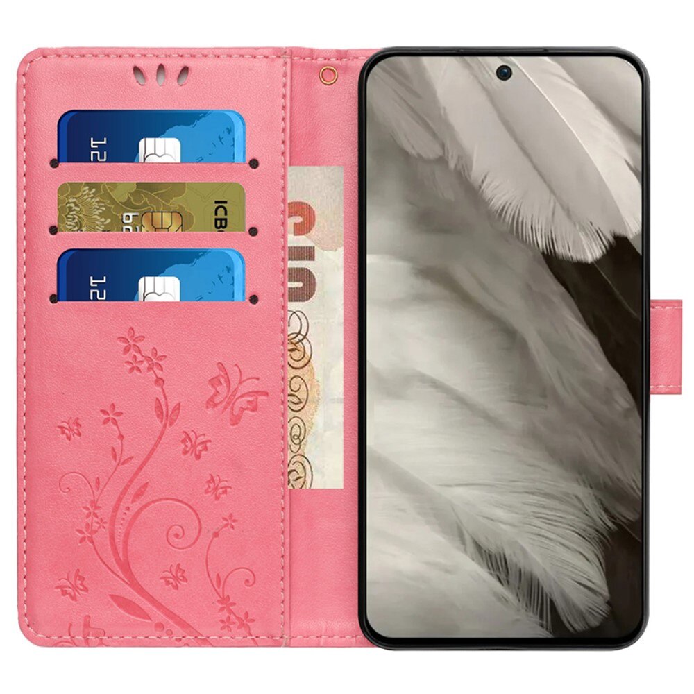 Custodia in pelle a farfalle per Google Pixel 8, Rosa