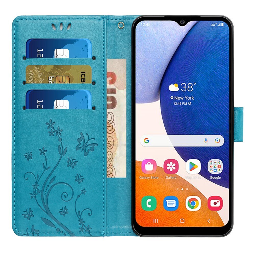 Custodia in pelle a farfalle per Samsung Galaxy A15, blu