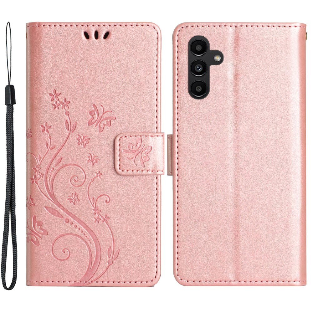 Custodia in pelle a farfalle per Samsung Galaxy A15, rosa dorato