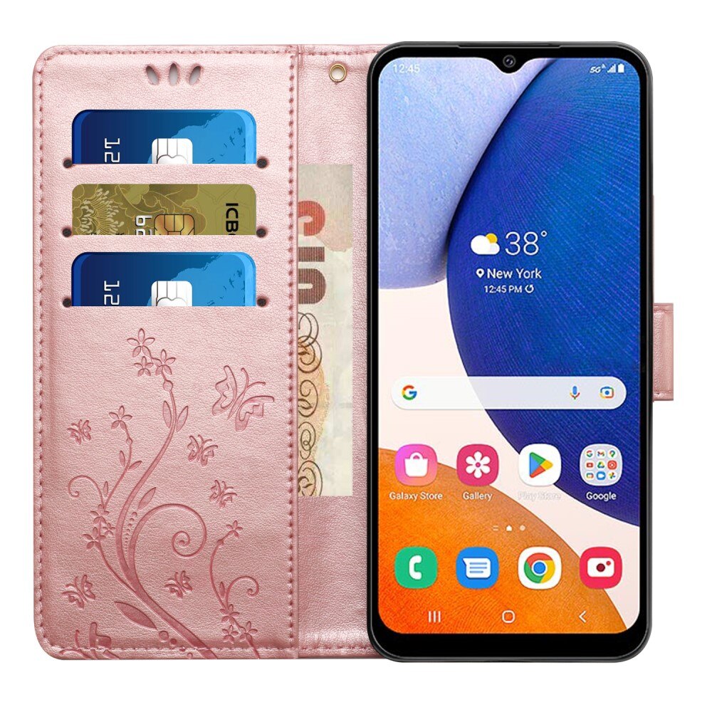 Custodia in pelle a farfalle per Samsung Galaxy A15, rosa dorato