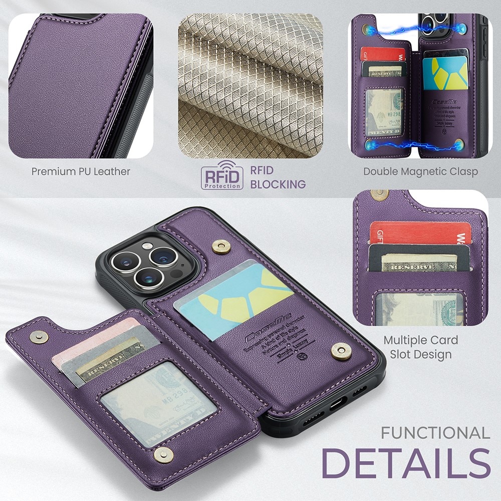 Cover con portacarte anti-RFID iPhone 15 Pro viola
