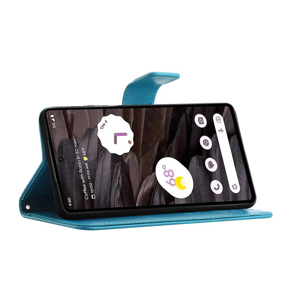 Custodia in pelle a farfalle per Google Pixel 8a, blu