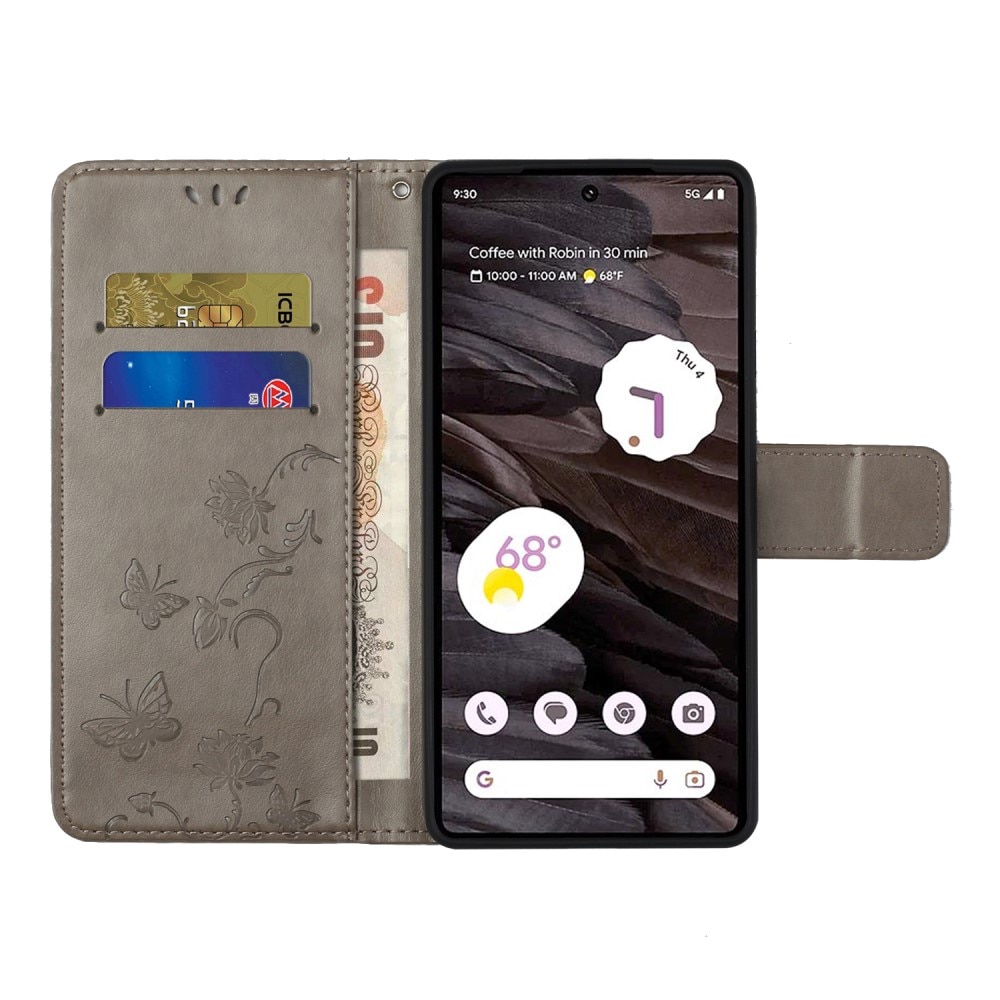 Custodia in pelle a farfalle per Google Pixel 8a, grigio