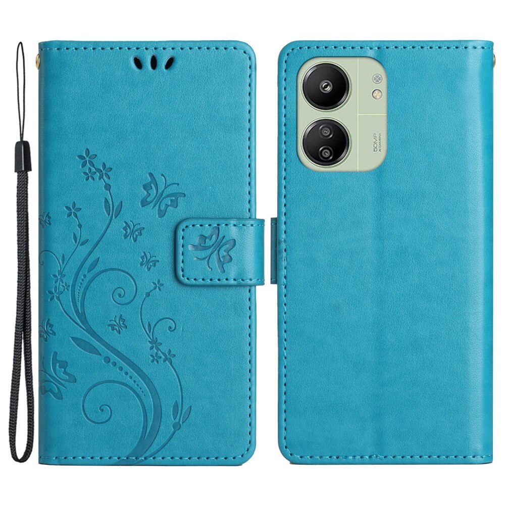 Custodia in pelle a farfalle per Xiaomi Redmi 13C, blu