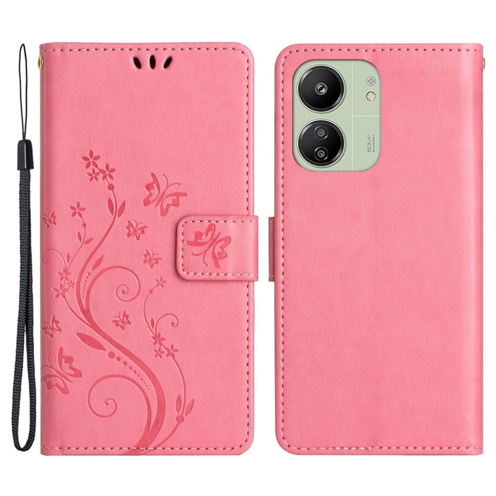 Custodia in pelle a farfalle per Xiaomi Redmi 13C, rosa