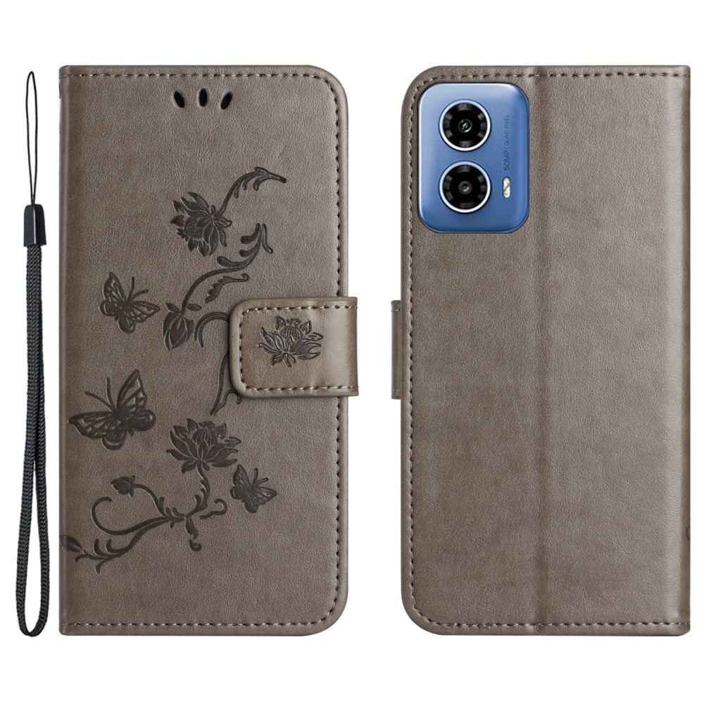 Custodia in pelle a farfalle per Motorola Moto G04, Grigio