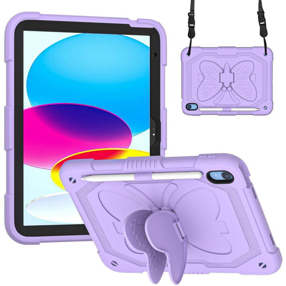 Custodia ibrida con farfalle per iPad 10.9 10th Gen (2022) a tracolla viola