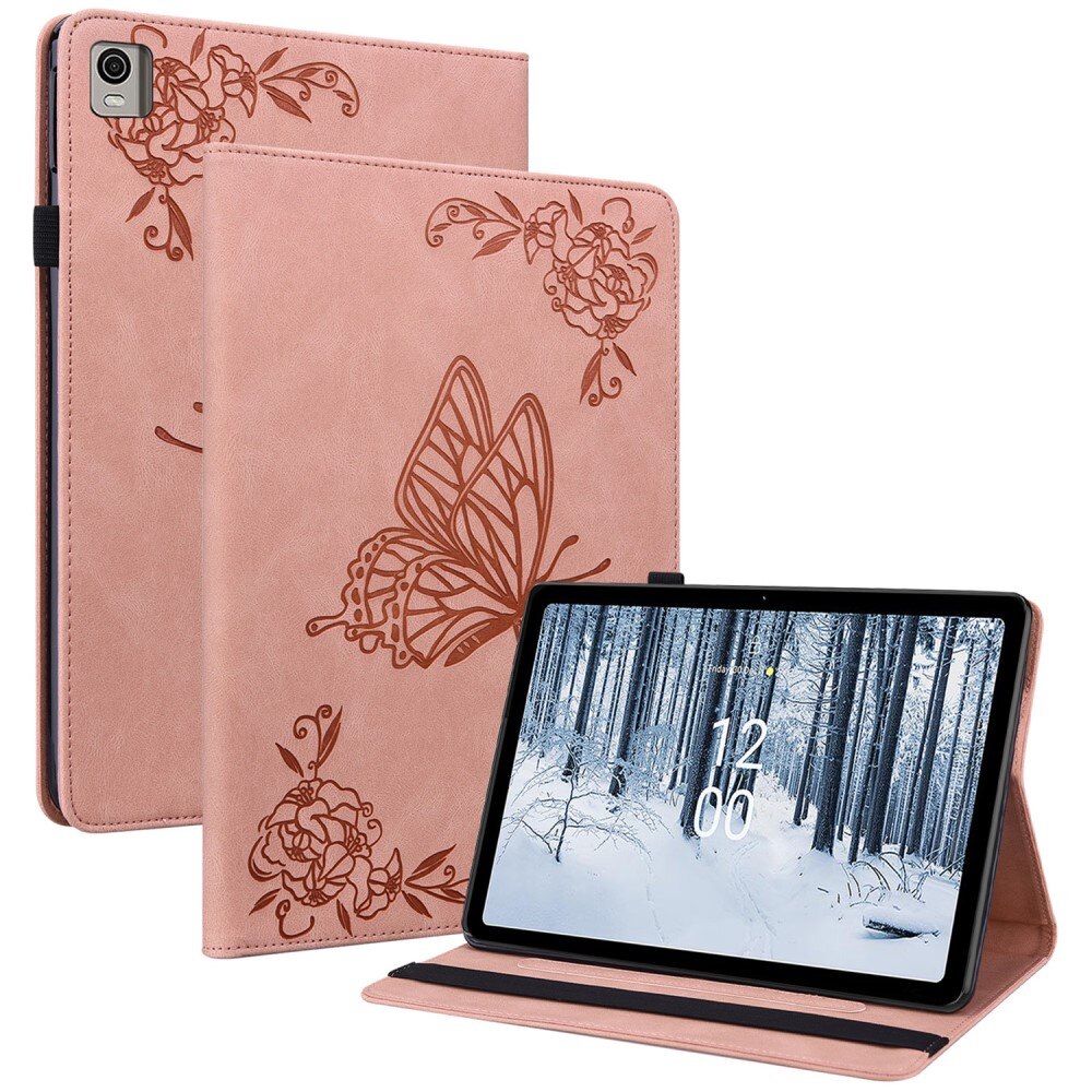 Custodia in pelle con farfalla Nokia T21 rosa