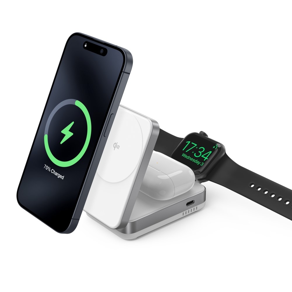 Compact  3-in-1 Qi2 Stazione di Ricarica Magnetica Wireless Pieghevole Bianco