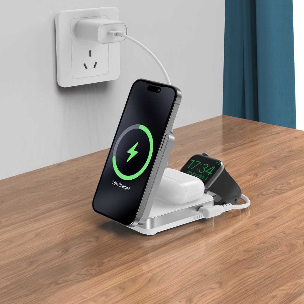 Compact  3-in-1 Qi2 Stazione di Ricarica Magnetica Wireless Pieghevole Bianco
