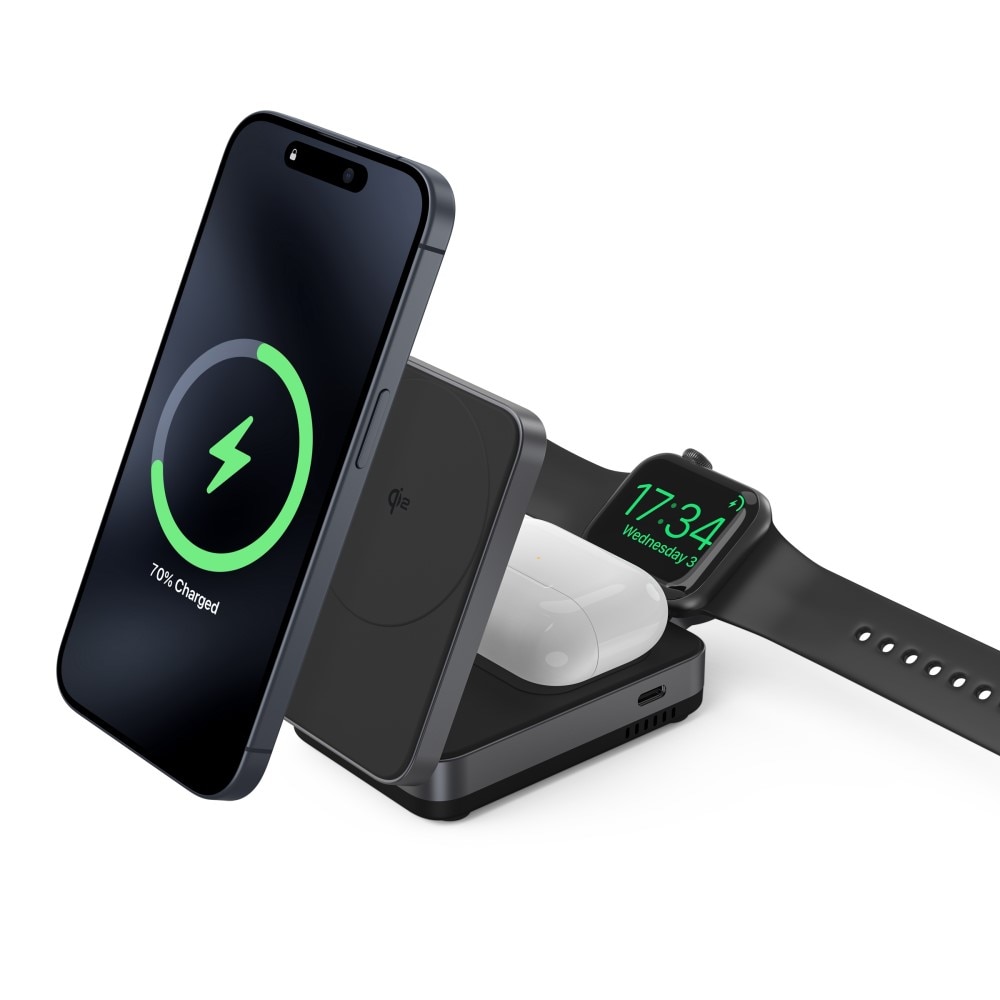 Compact  3-in-1 Qi2 Stazione di Ricarica Magnetica Wireless Pieghevole Nero