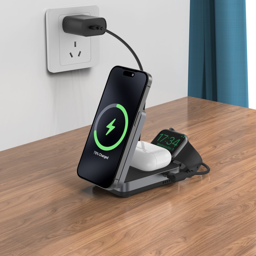 Compact  3-in-1 Qi2 Stazione di Ricarica Magnetica Wireless Pieghevole Nero