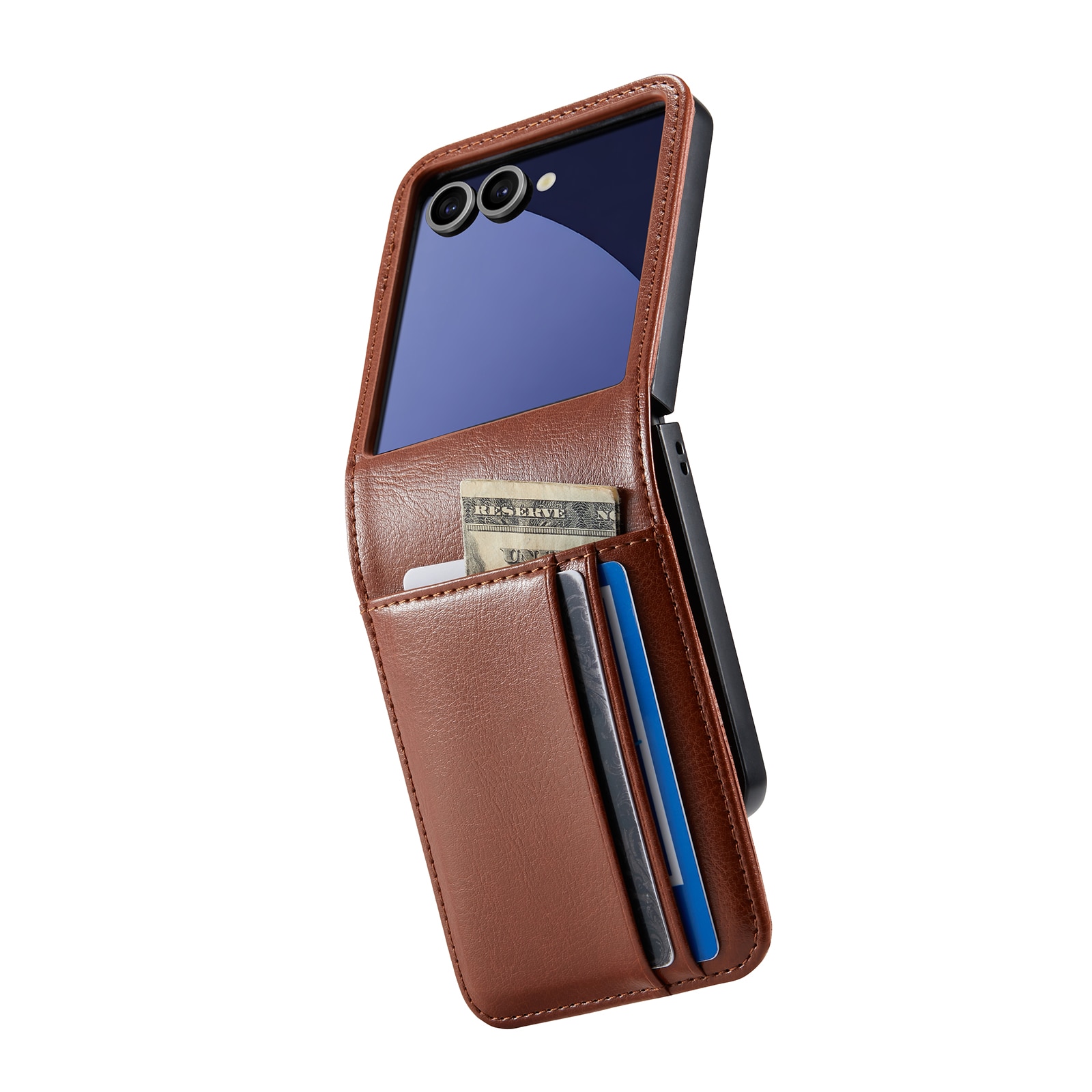Custodia a portafoglio in vera pelle Samsung Galaxy Z Flip 7, Cognac