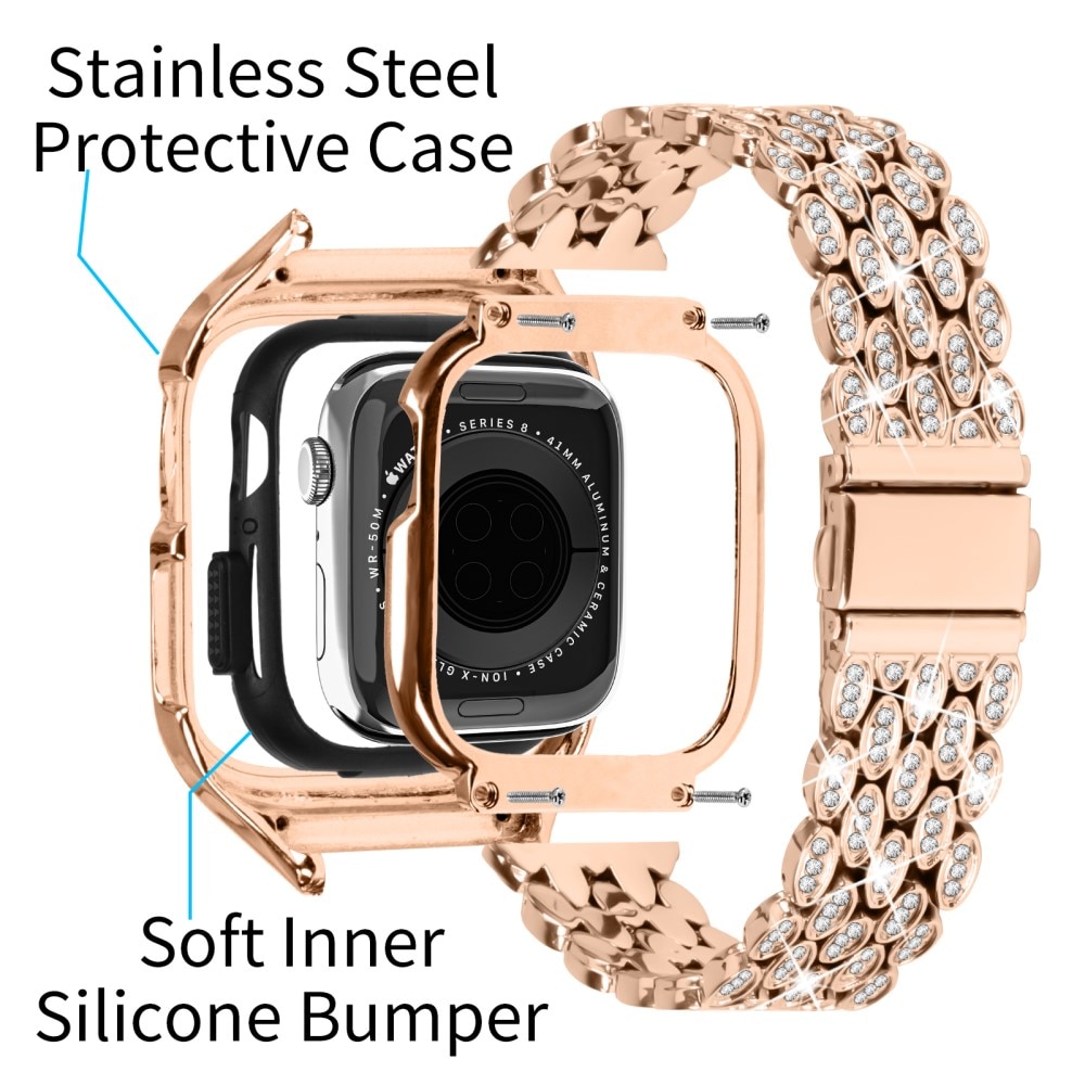 Cinturino in metallo con cover Rhinestone per Apple Watch 41mm Series 9, oro rosa