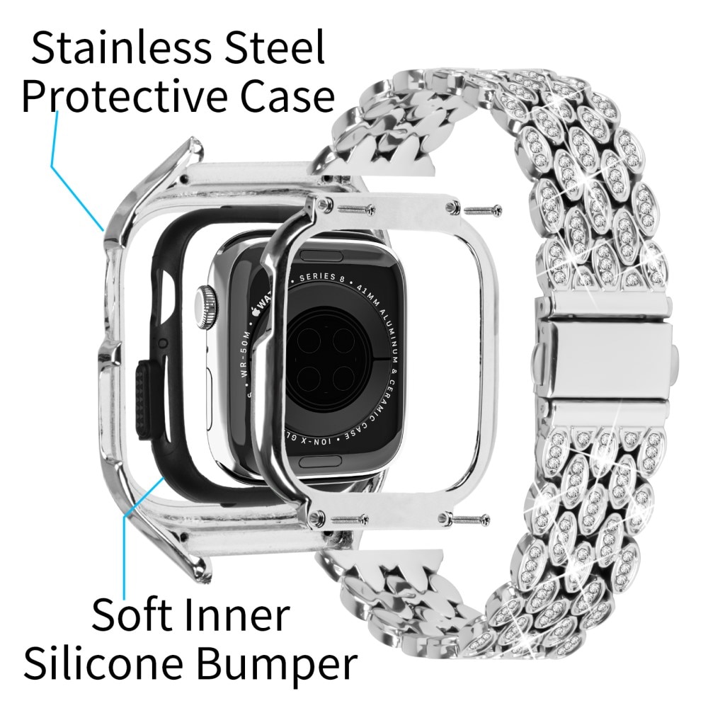 Cinturino in metallo con cover Rhinestone per Apple Watch 41mm Series 7, d'argento