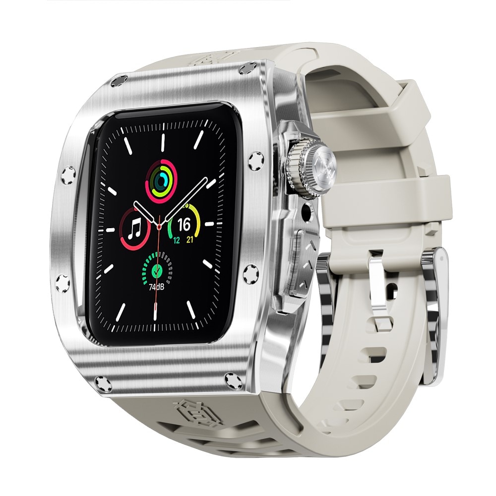 High Brushed Metal Cover con Cinturino Apple Watch 44mm, Steel/White