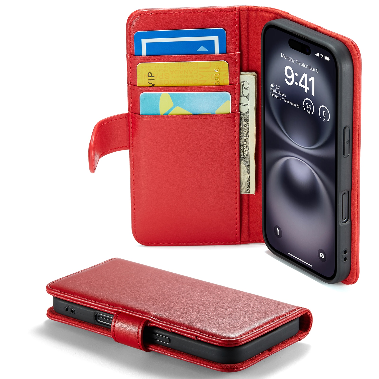 Custodia a portafoglio in vera pelle iPhone 16, Rosso
