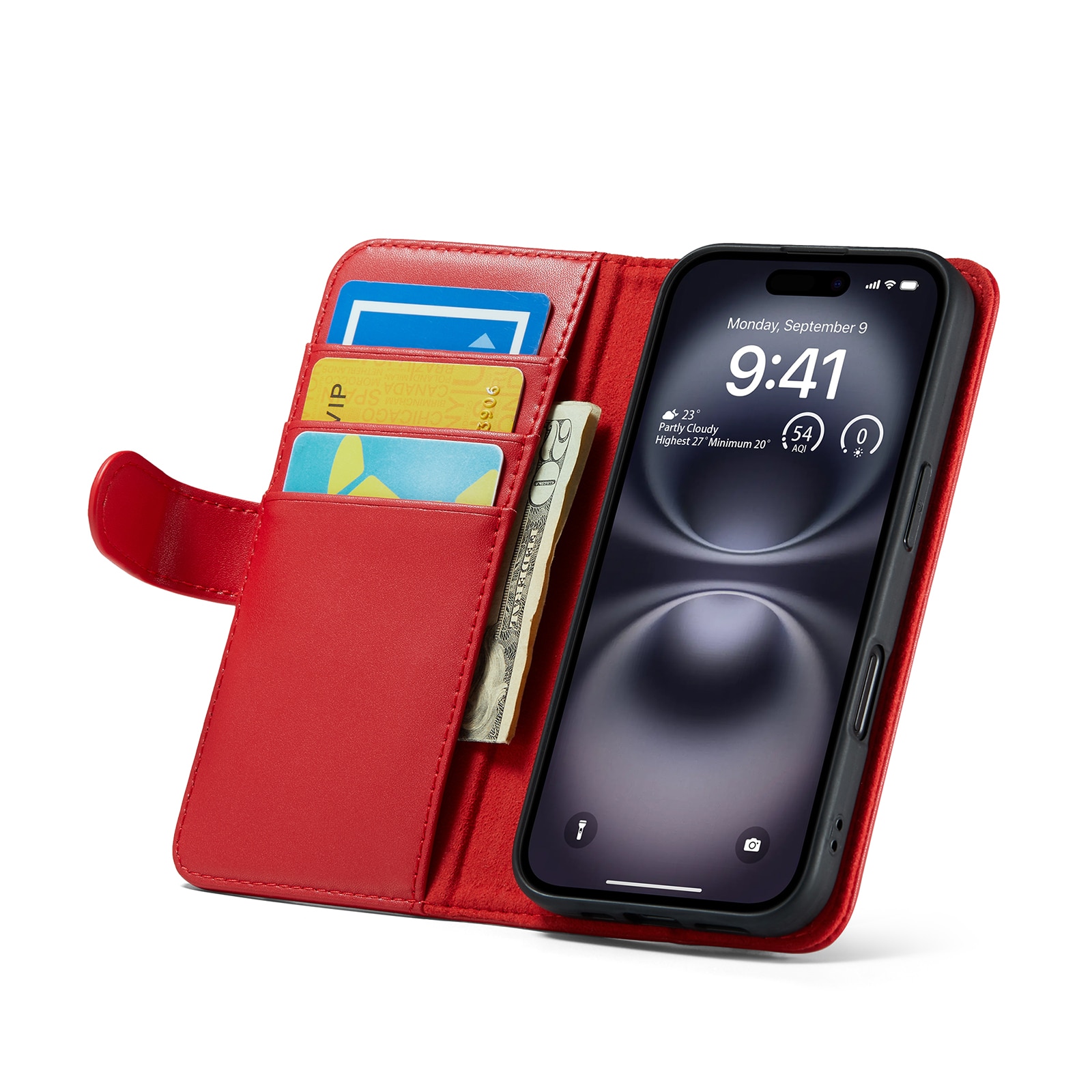 Custodia a portafoglio in vera pelle iPhone 16, Rosso
