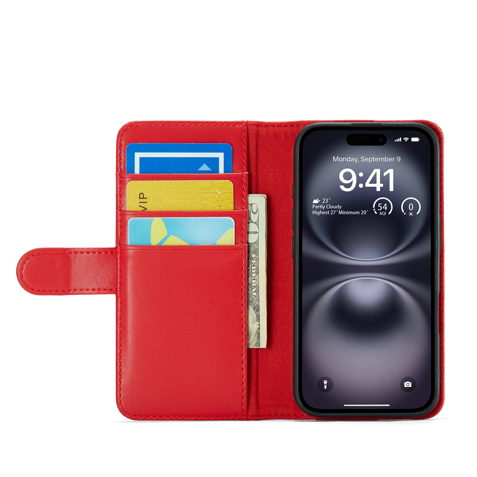 Custodia a portafoglio in vera pelle iPhone 16, Rosso