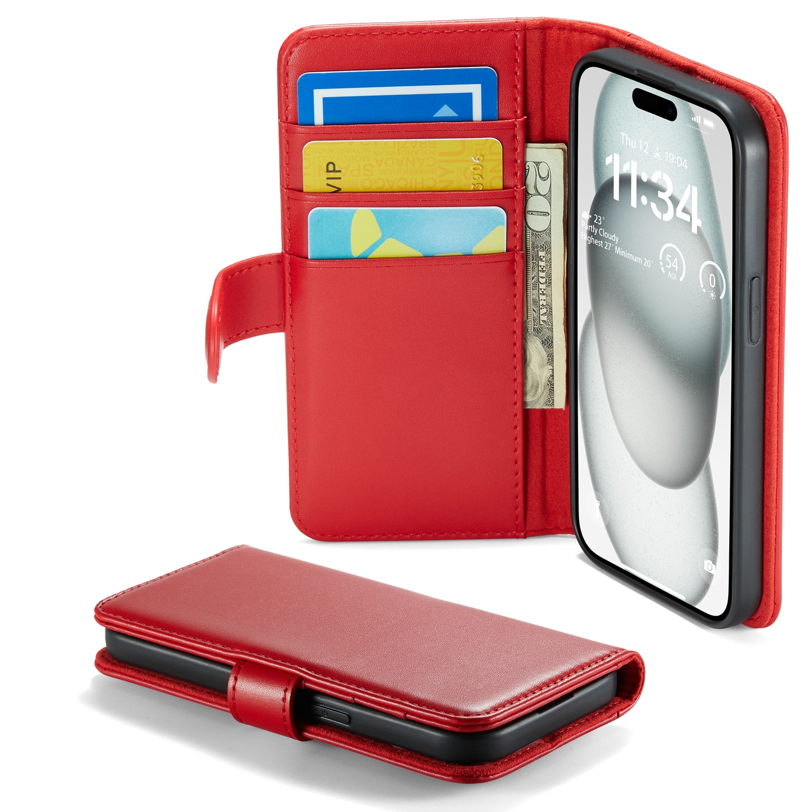 Custodia a portafoglio in vera pelle iPhone 13, Rosso