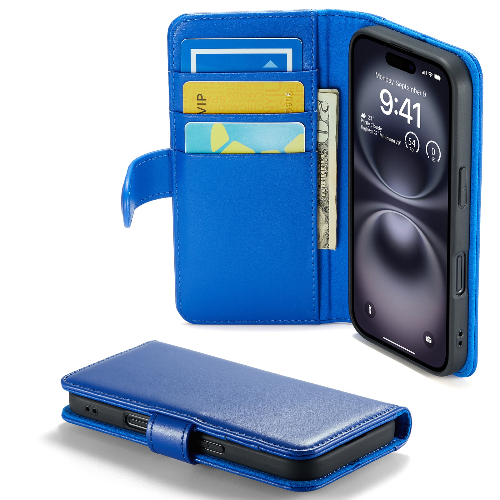 Custodia a portafoglio in vera pelle iPhone 16, Blu