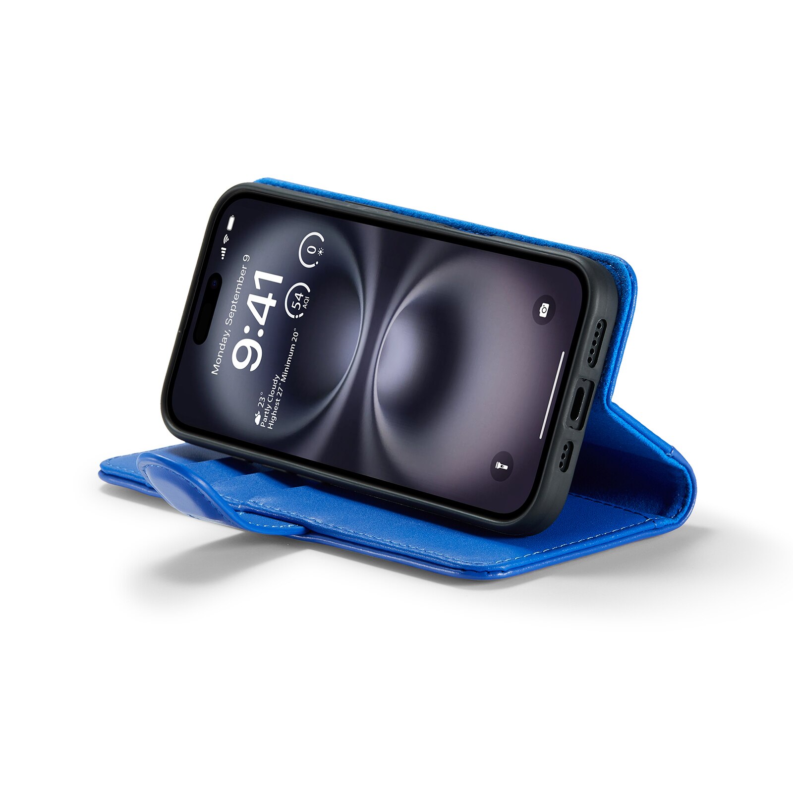 Custodia a portafoglio in vera pelle iPhone 16, Blu