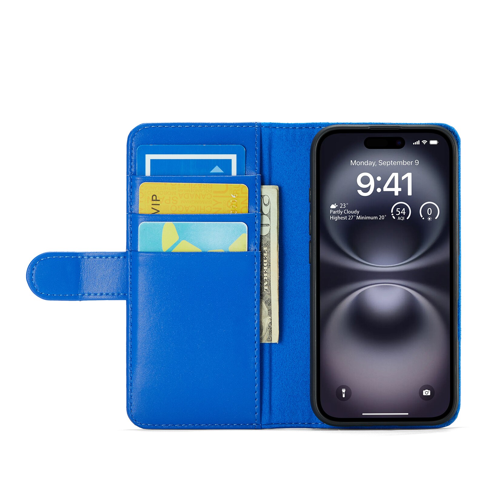 Custodia a portafoglio in vera pelle iPhone 16, Blu