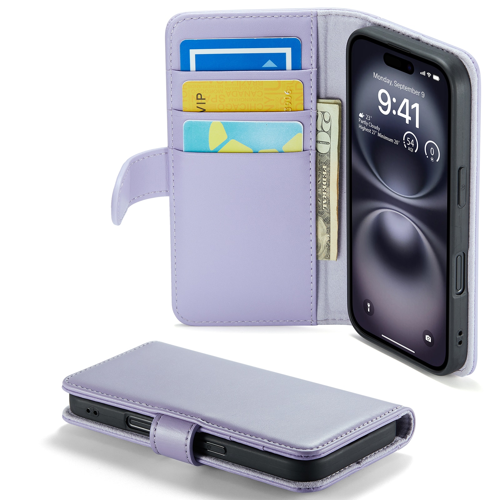 Custodia a portafoglio in vera pelle iPhone 16, Viola