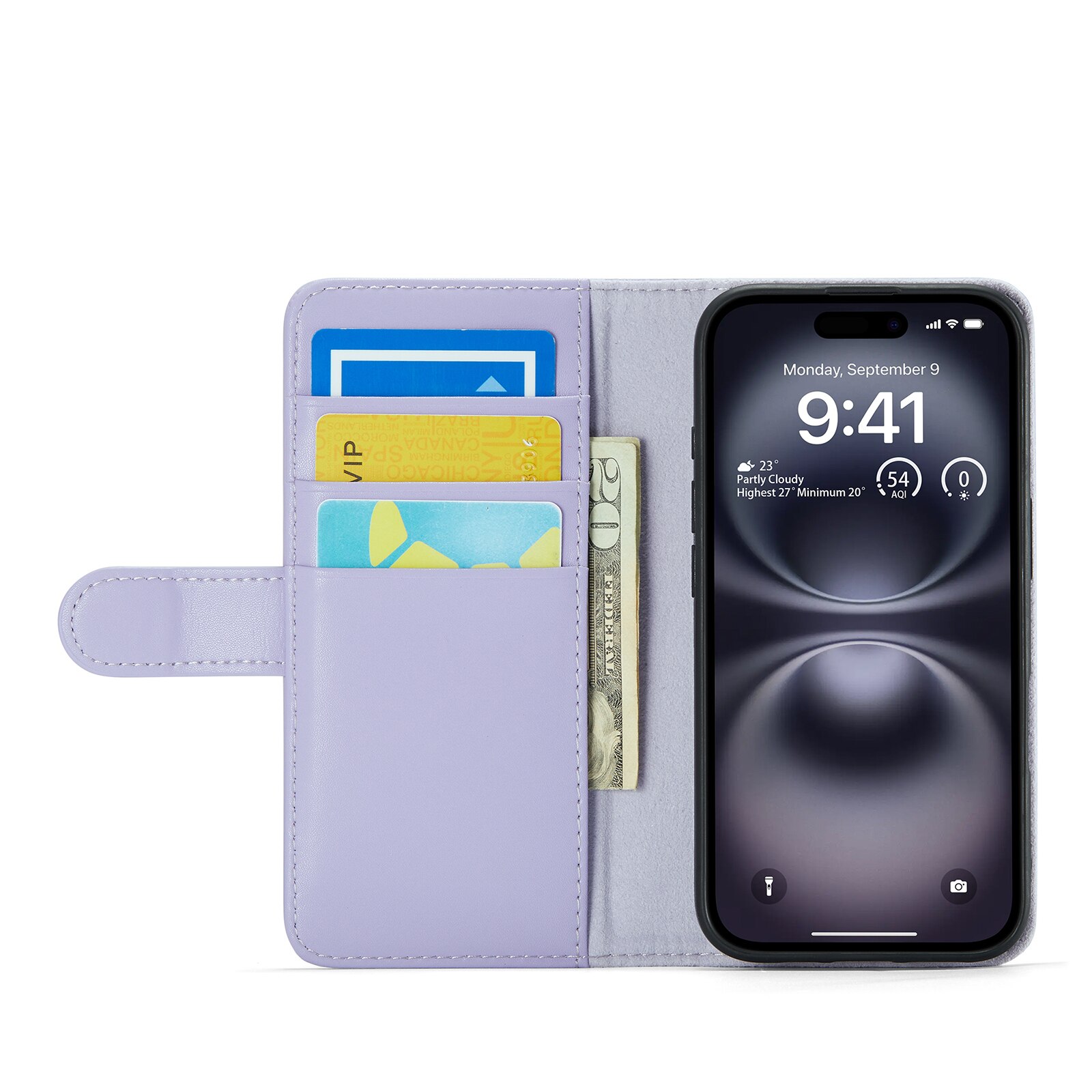 Custodia a portafoglio in vera pelle iPhone 16, Viola