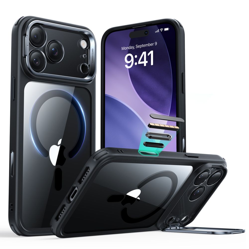 Classic Kickstand Halolock MagSafe iPhone 17 Pro Nero/trasparente
