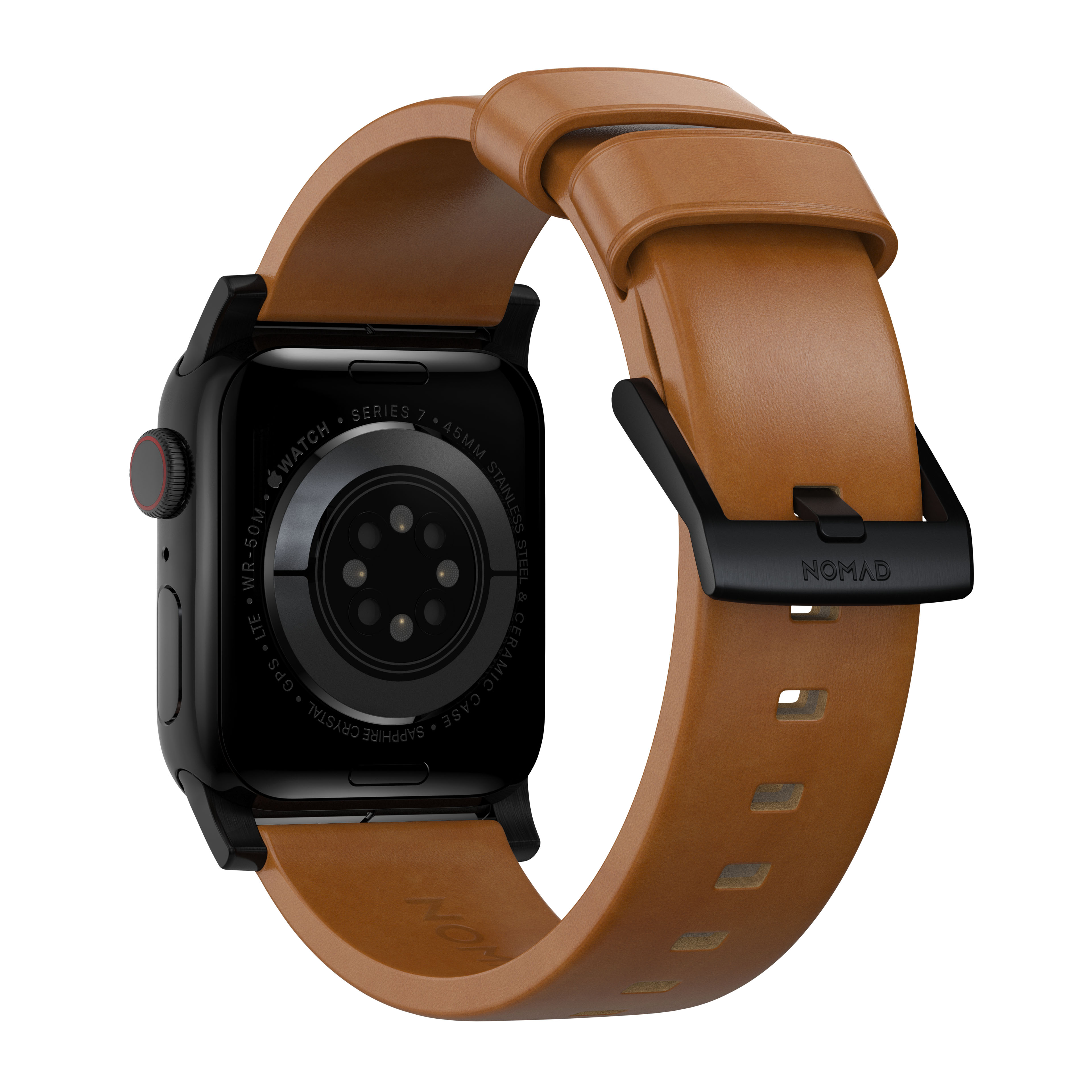 Modern Leather Band Apple Watch 45mm Series 8 English Tan (Black Hardware)