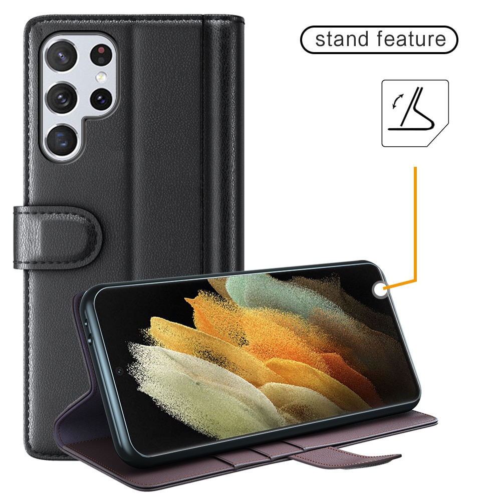 Custodia a portafoglio in vera pelle Samsung Galaxy S22 Ultra, nero