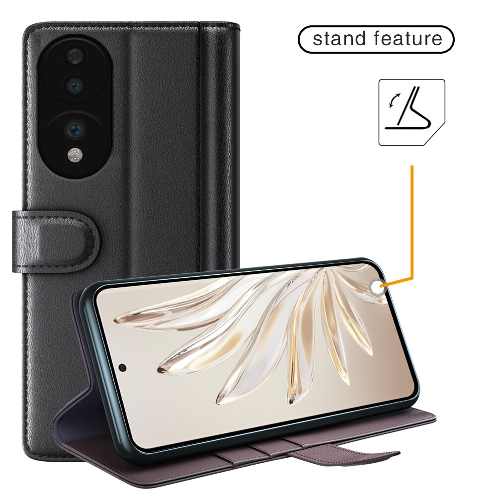 Custodia a portafoglio in vera pelle  Honor 70, Nero