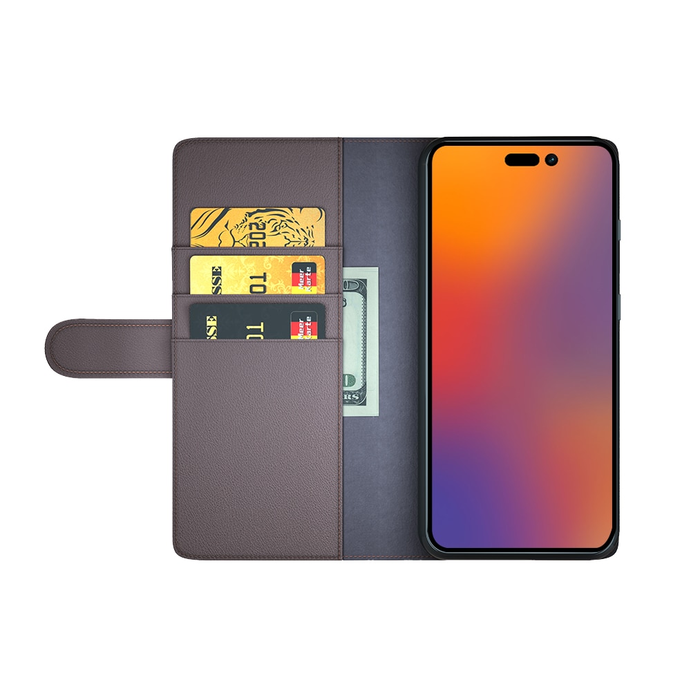Custodia a portafoglio in vera pelle iPhone 14 Pro Max, Marrone