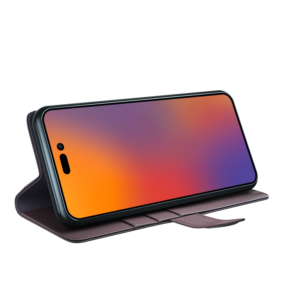 Custodia a portafoglio in vera pelle iPhone 14 Pro Max, Marrone