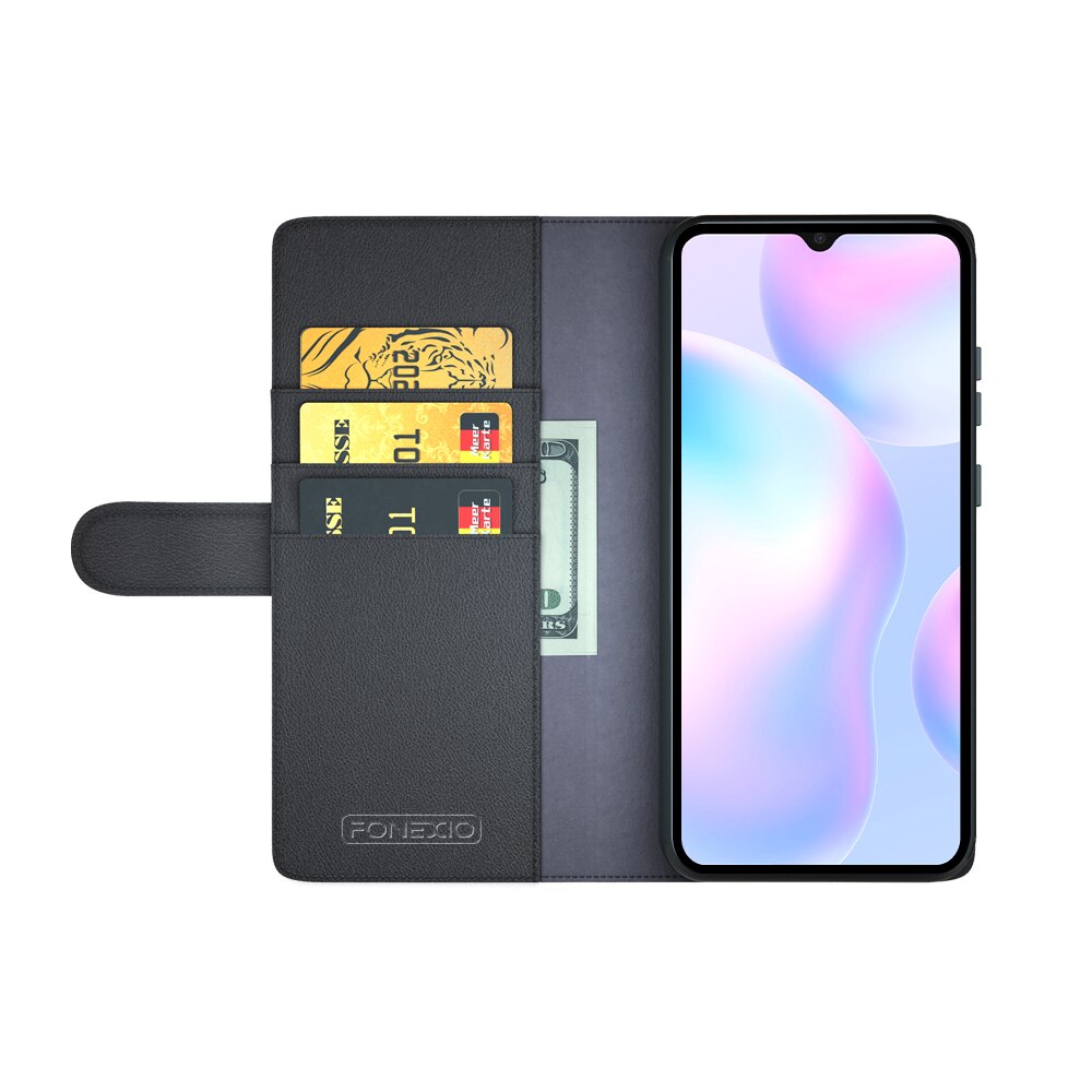 Custodia a portafoglio in vera pelle Xiaomi Redmi 9AT, Nero