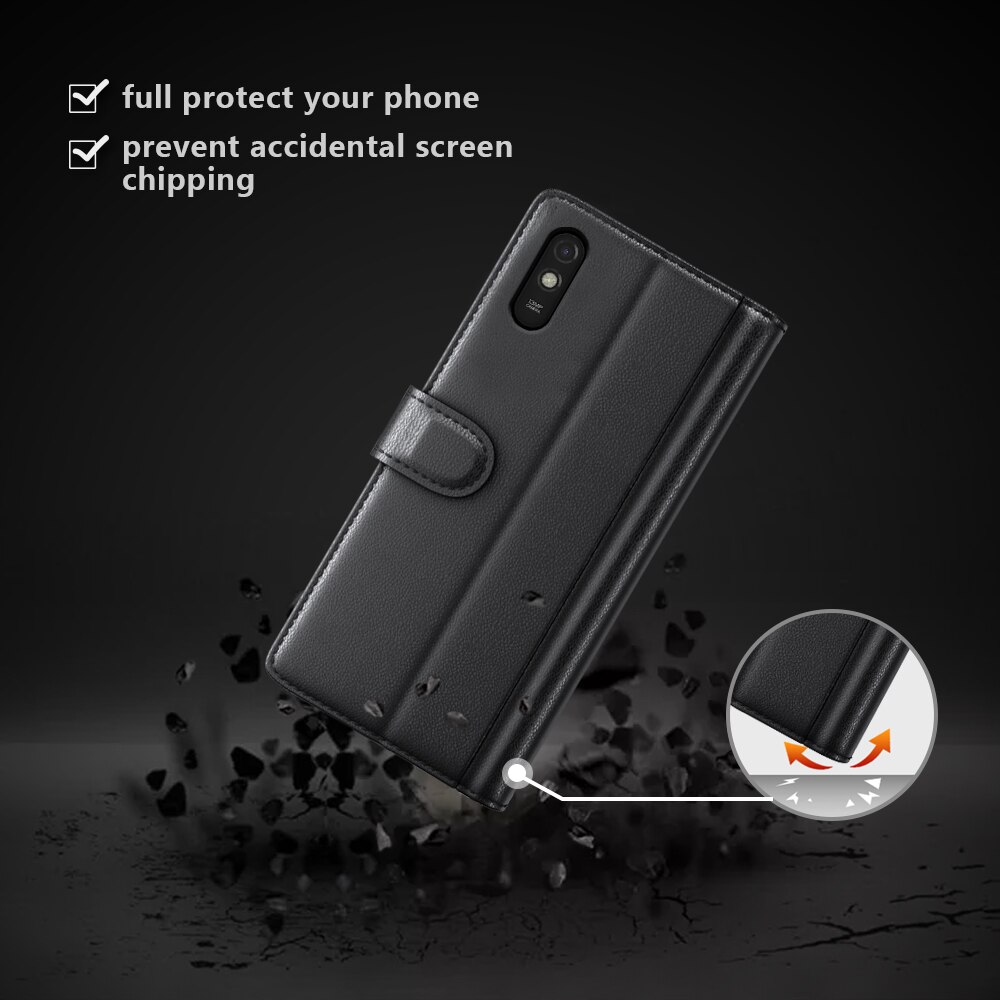 Custodia a portafoglio in vera pelle Xiaomi Redmi 9AT, Nero