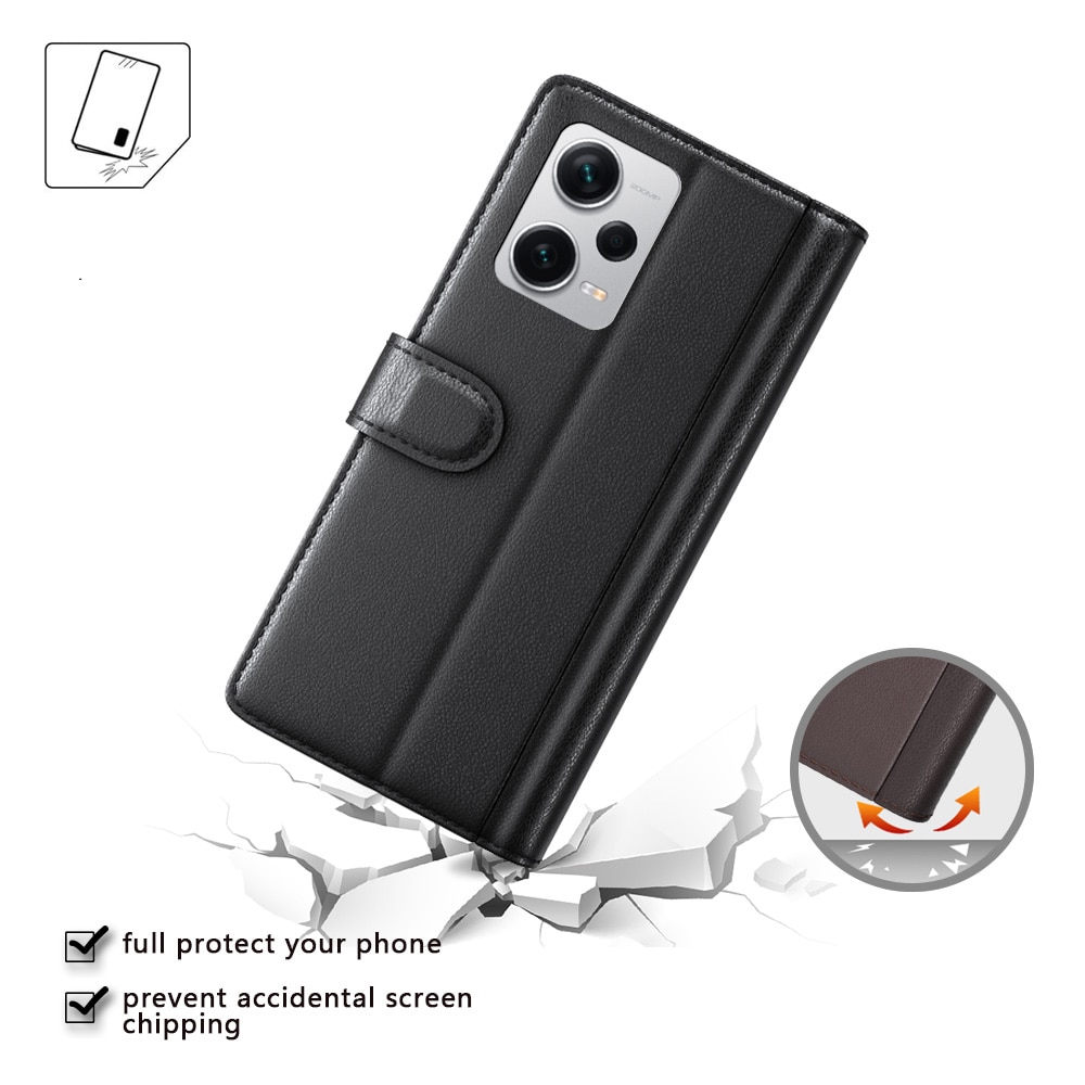 Custodia a portafoglio in vera pelle Xiaomi Redmi Note 12 Pro Plus, Nero
