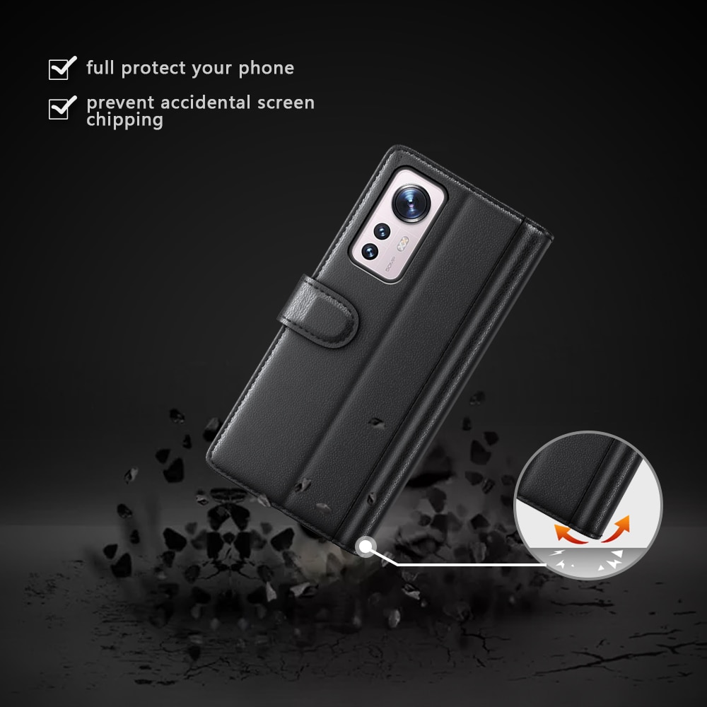 Custodia a portafoglio in vera pelle Xiaomi 12 Pro, nero