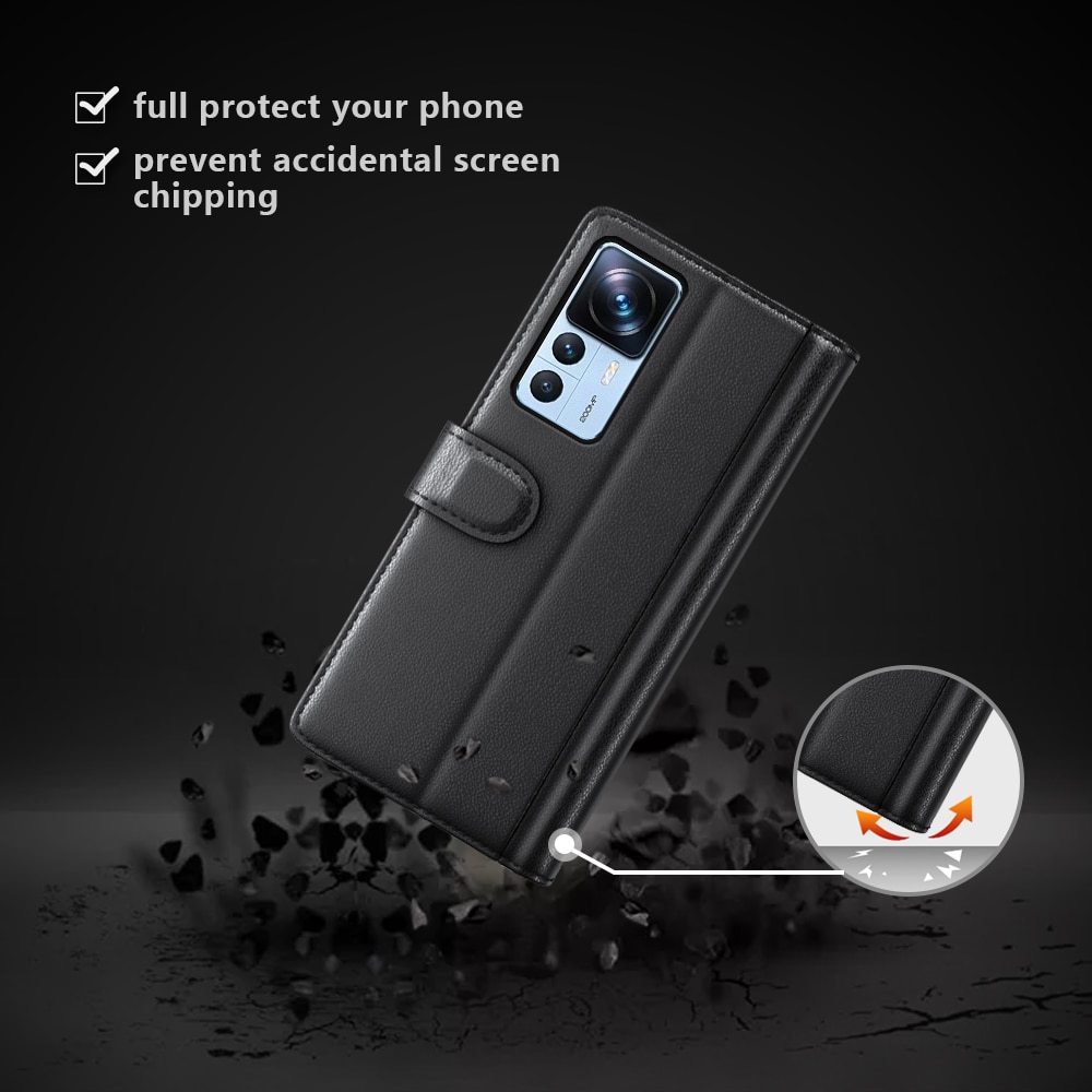 Custodia a portafoglio in vera pelle Xiaomi 12T/12T Pro, nero