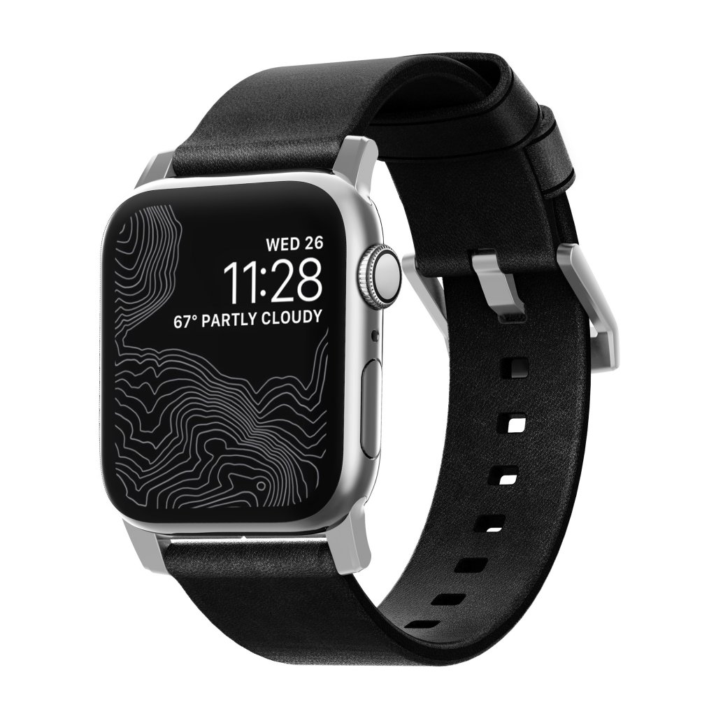 Modern Band Horween Leather Apple Watch 45mm Series 9 Black (Silver Hardware)