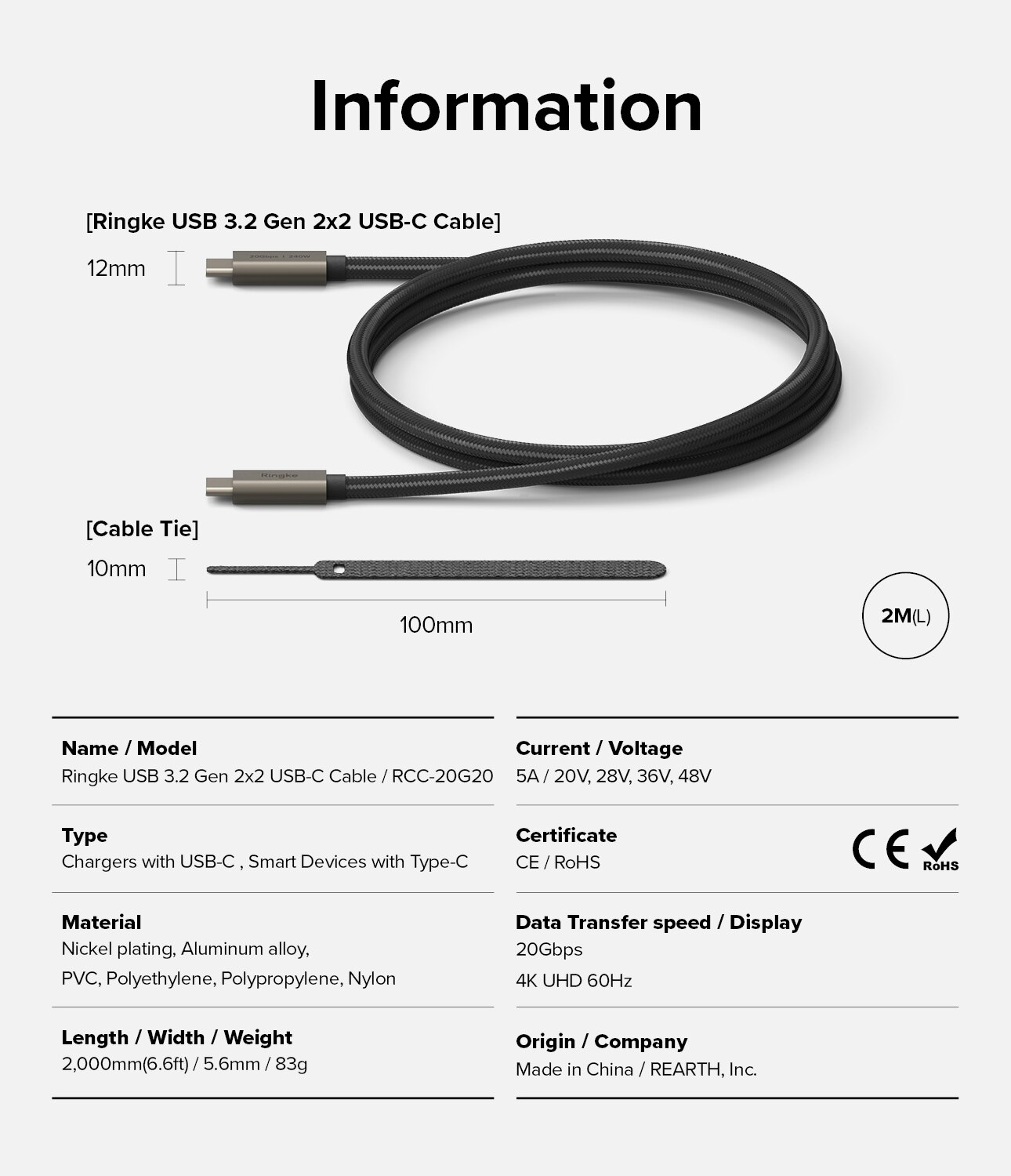 Cavo da USB-C a USB-C 3.2 Gen 2x2 2 metri, nero