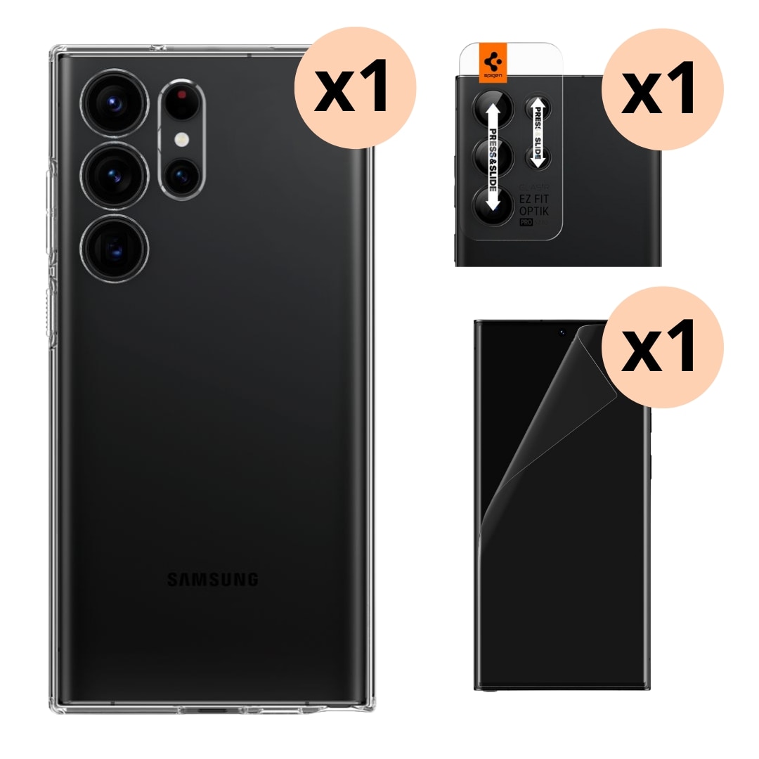 Kit per Samsung Galaxy S23 Ultra: Cover Liquid Crystal, proteggi-camera e Neo Flex