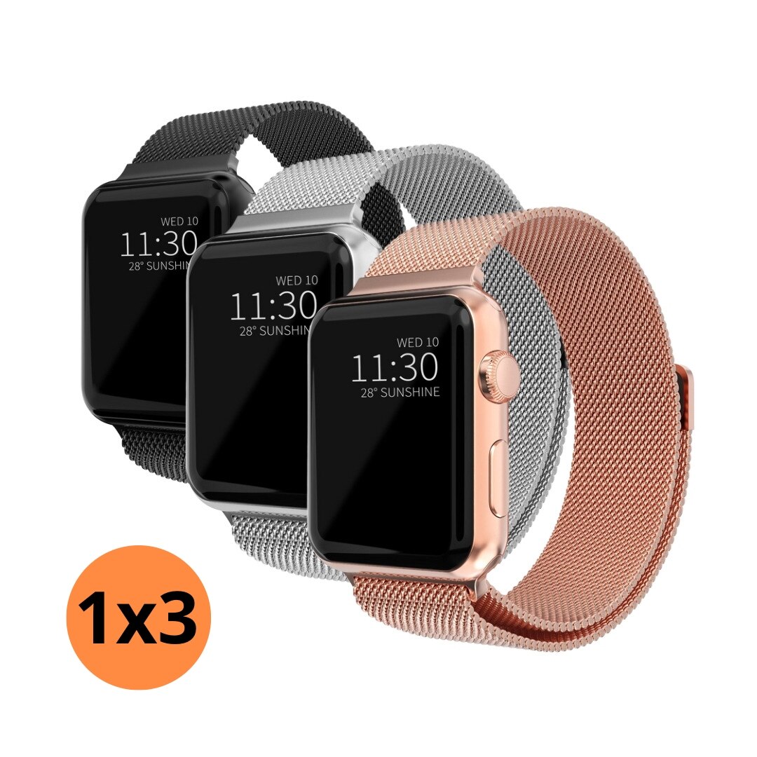 Kit per Apple Watch 42/44/45/49 mm Cinturino in maglia milanese nero, d'argento, oro rosa