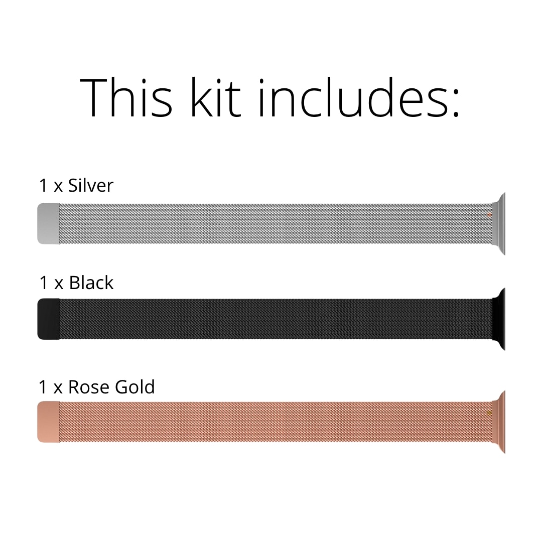 Kit per Apple Watch 38mm Cinturino in maglia milanese nero, d'argento, oro rosa