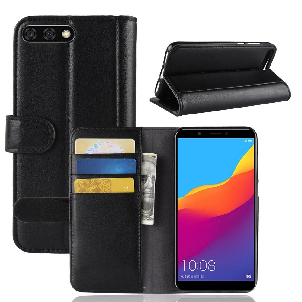 Custodia a portafoglio in vera pelle Huawei Y6 2018, Nero